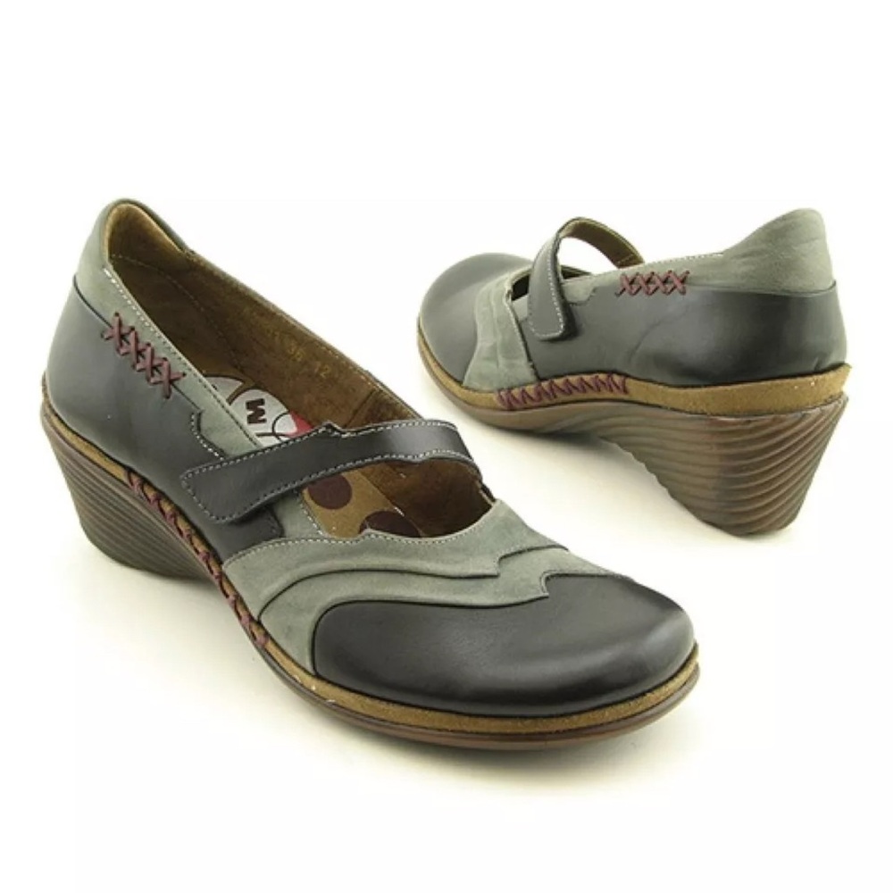 Romika Nahla Mary Jane Leather‎ Wedges Shoes Clogs Womens Size 8 EU39 Black Gray